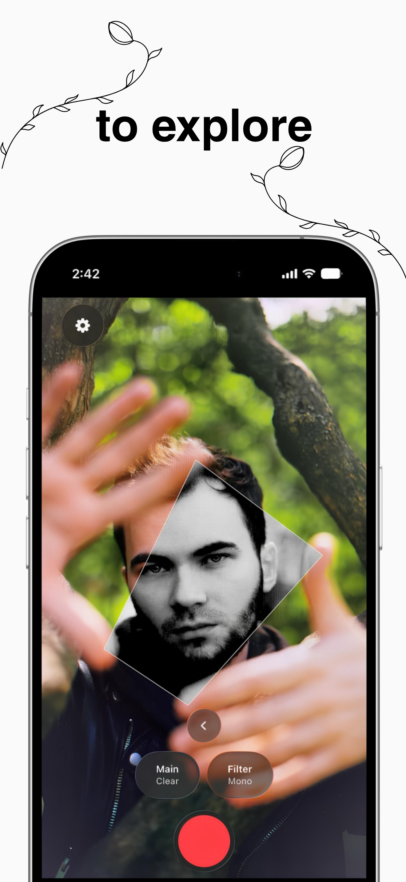 A monochrome filter framed by the hands.
